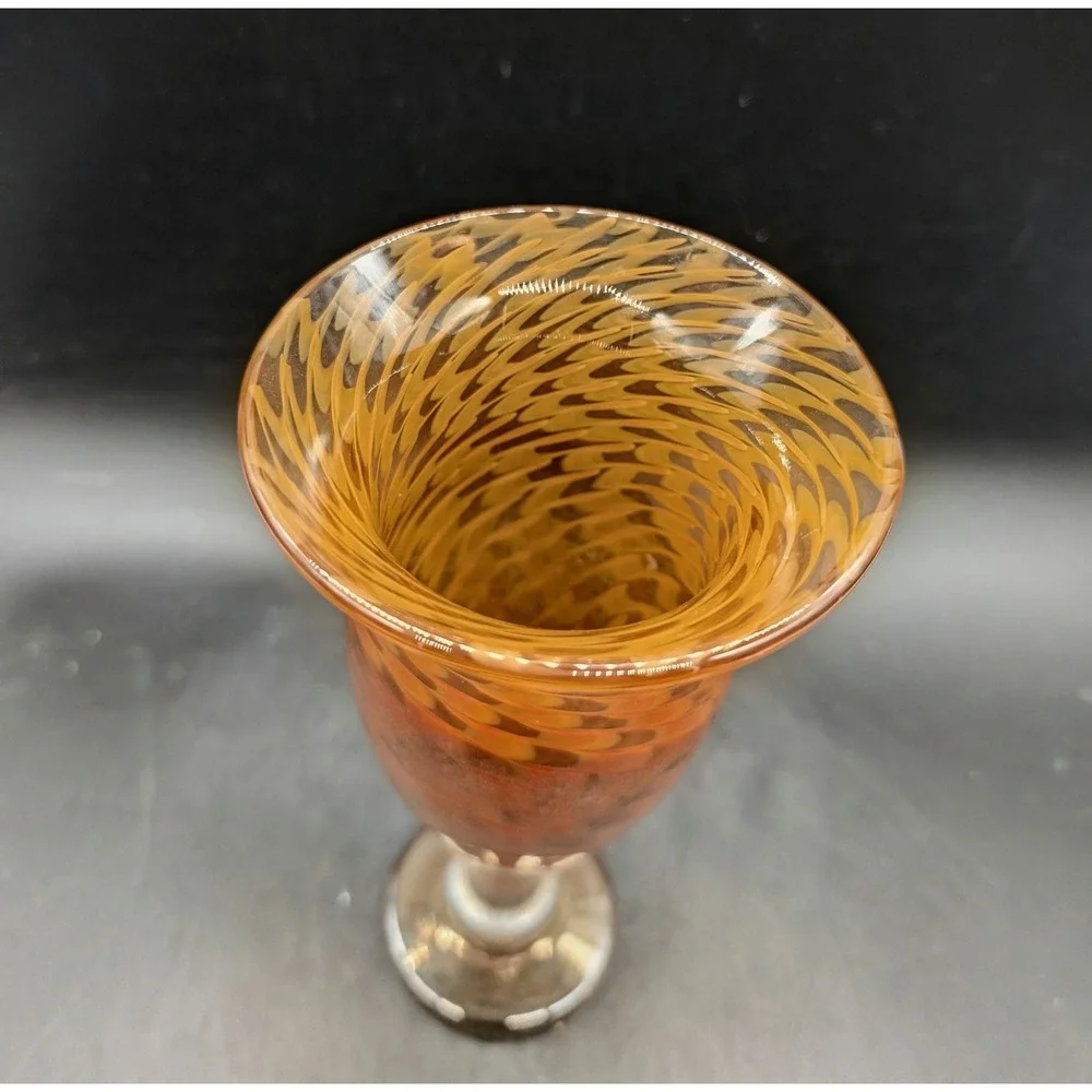 Artisan Hand Blown Amber Orange Swirl Art Glass Trumpet Vase Iridescent Signed
